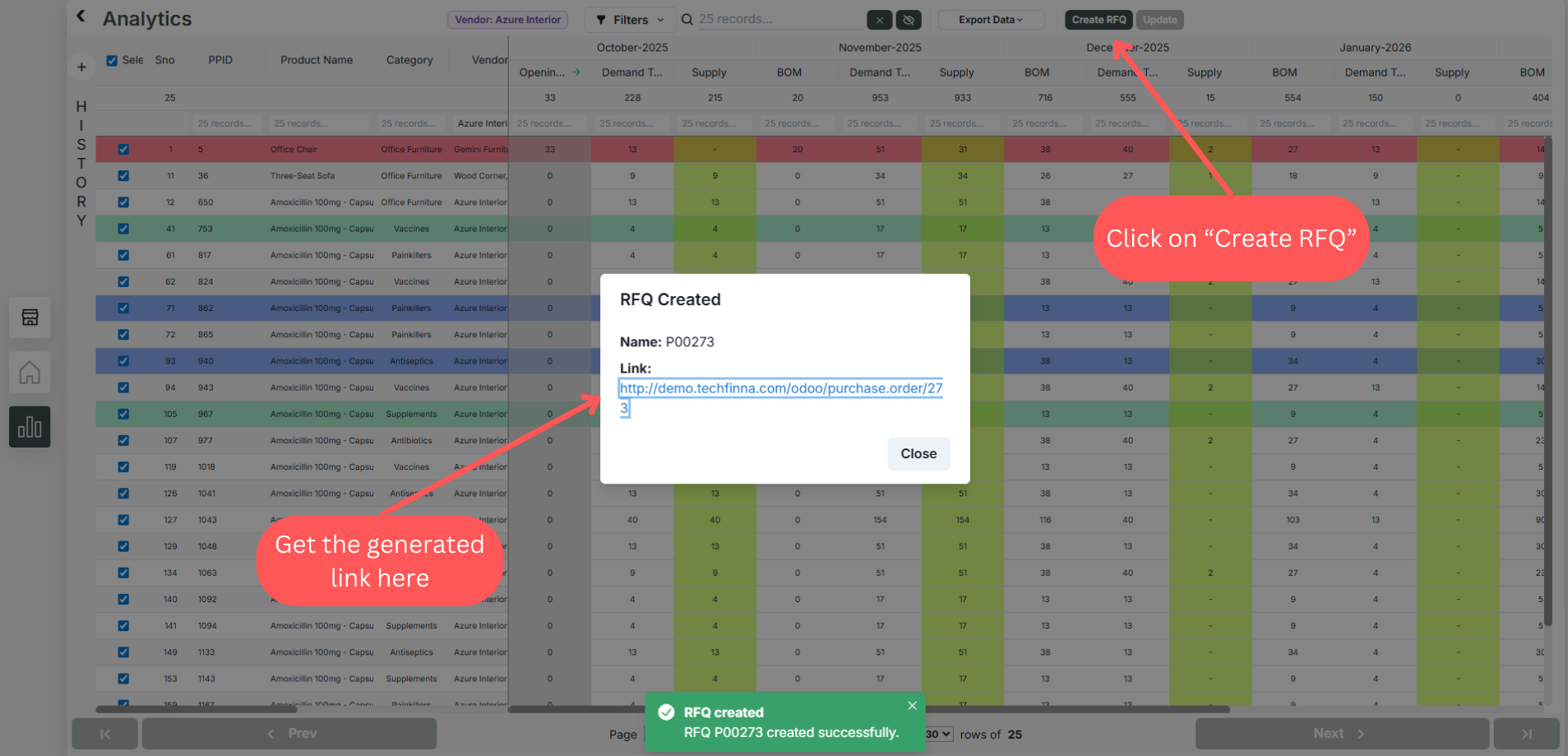 view history inventory and forecast tables; edit override runrate